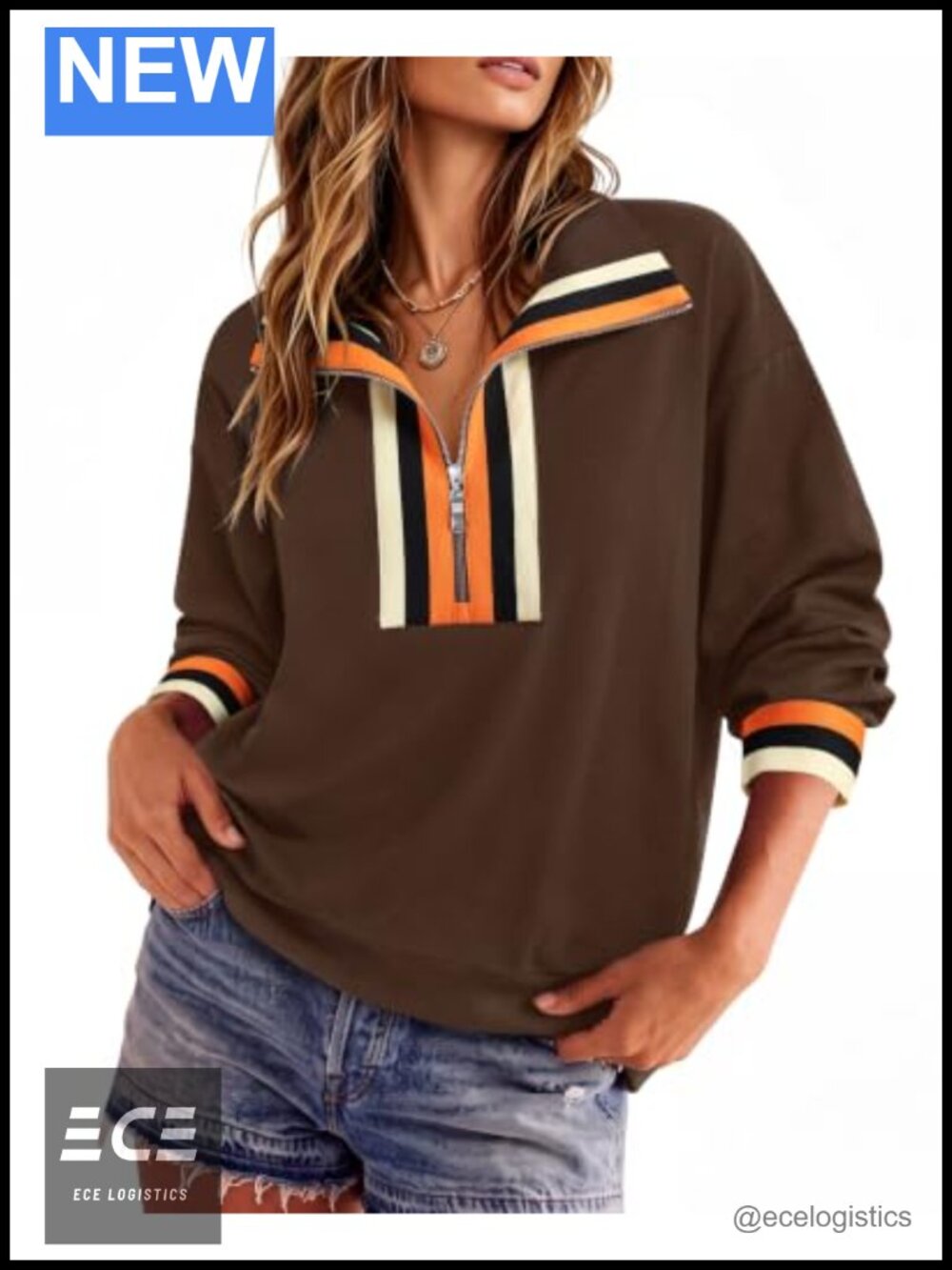 Womens Cotton Blend Half Zip Pullover Sweatshirt Striped Mock Neck Loose Fit